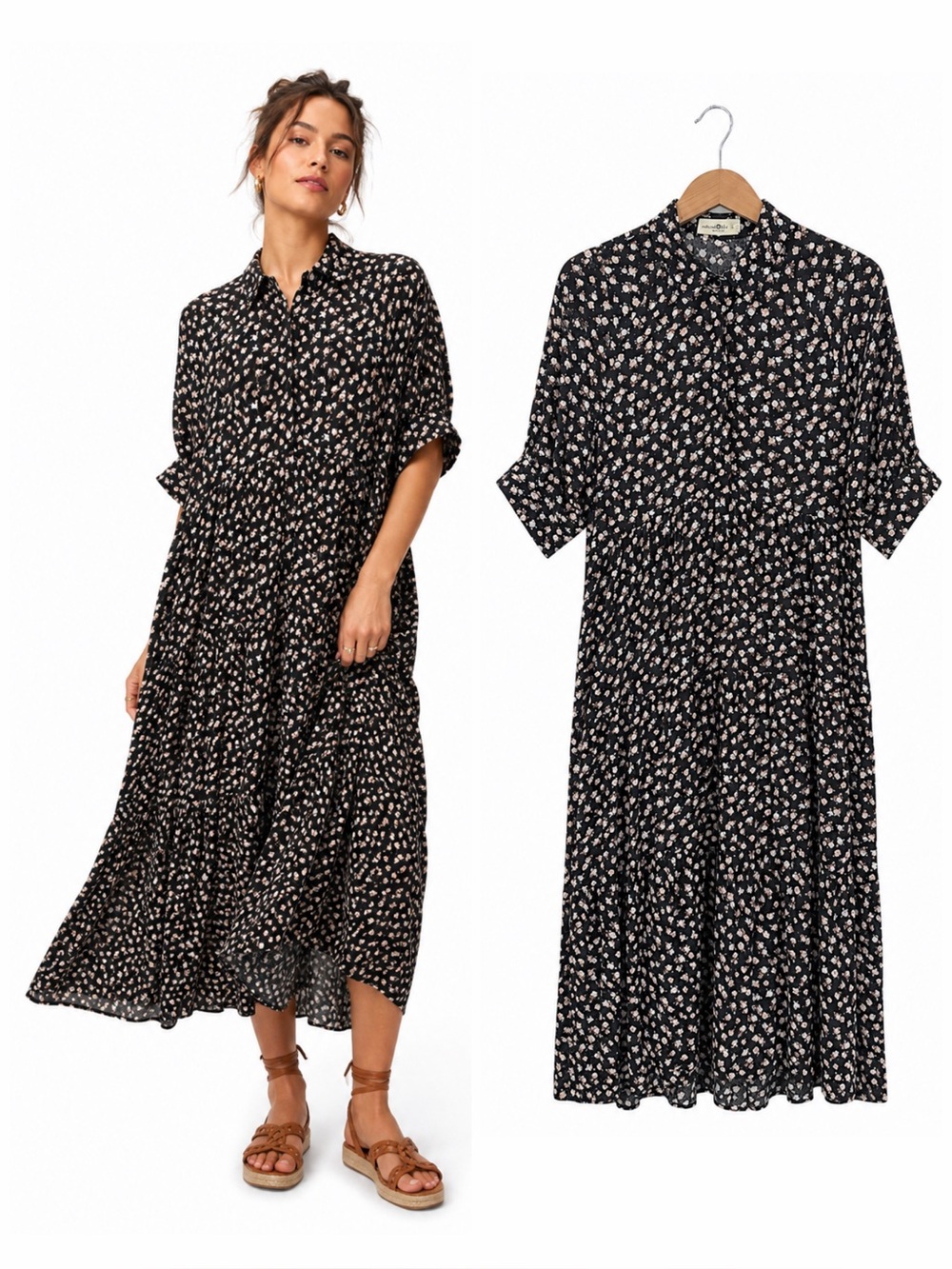 Natural Life Floral Tiered Midi Dress L Black Cottagecore Boho Prairie